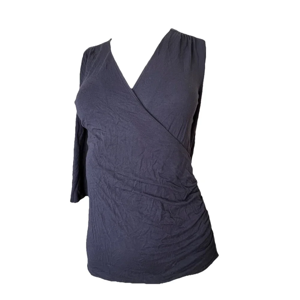 Michael Kors Navy Viscose Spandex 3/4 Sleeve Side Zip V Neck T Shirt Women's  XS